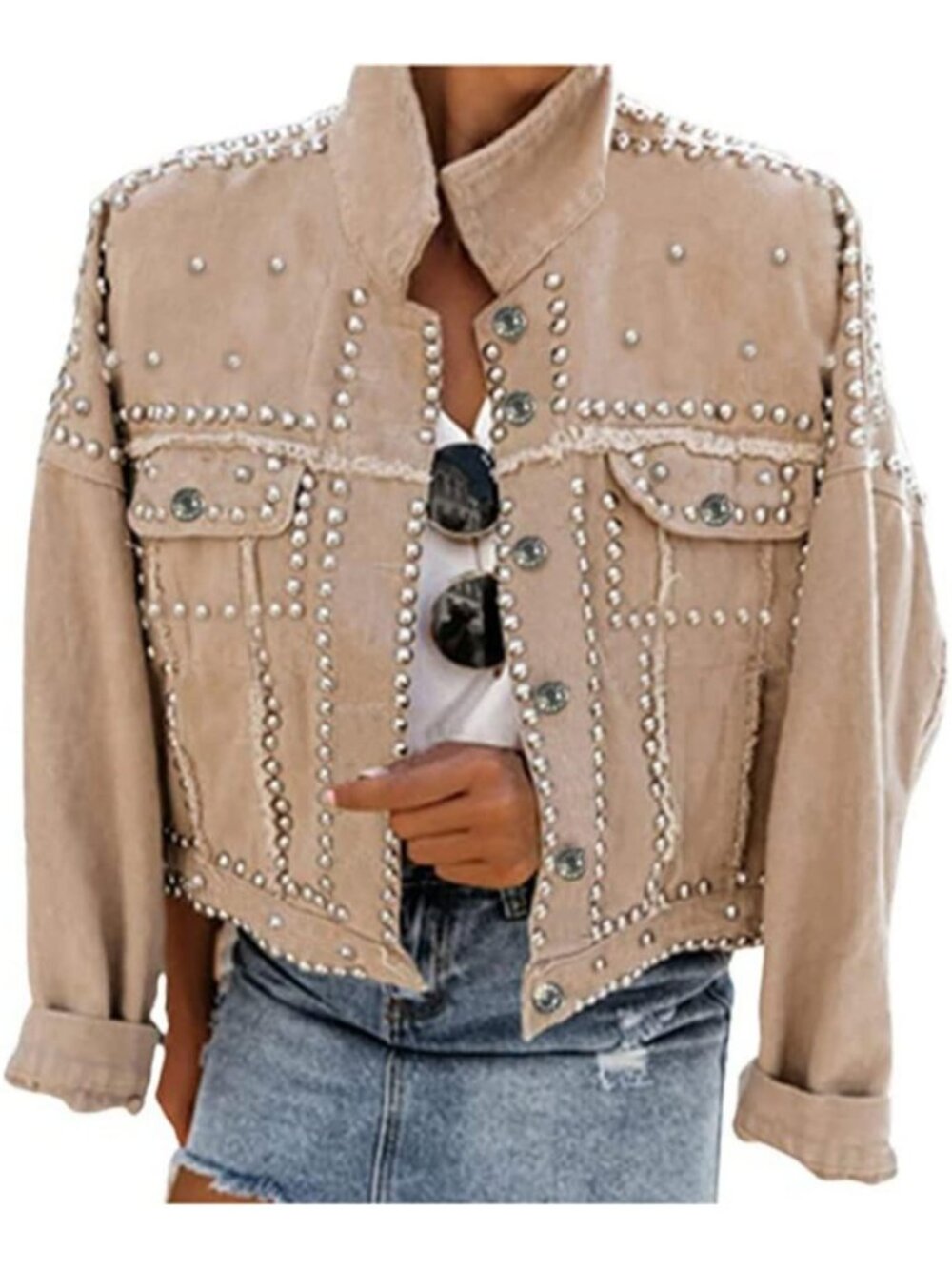 Women’s Khaki Cropped Studded Rivet Western Distressed Imported Jean Jacket